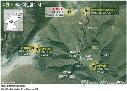 <그래픽> 북한 1~5차 핵실험 위치