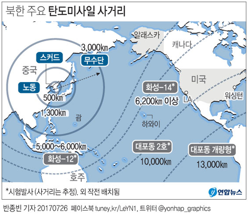 [그래픽] 미국 국방부, 북한 이르면 내년 ICBM으로 미 본토 타격 가능 판단