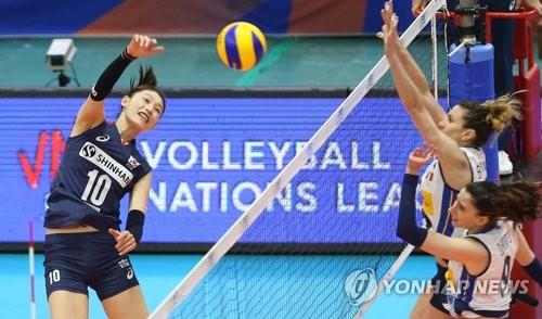In this file photo provided by the Korea Volleyball Association on May 24, 2018, Kim Yeon-koung of South Korea (L) hits the ball against Italy during the teams' FIVB Volleyball Women's Nations League match at Suwon Gymnasium in Suwon, 35 kilometers south of Seoul. (Yonhap)
