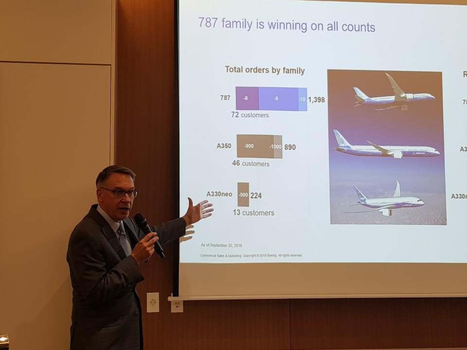 In this photo taken Oct. 22, 2018, Randy Tinseth, vice president of marketing for Boeing Commercial Airplanes, gives a presentation on the outlook of the commercial market outlook this year at a press briefing held in western Seoul. (Yonhap) 