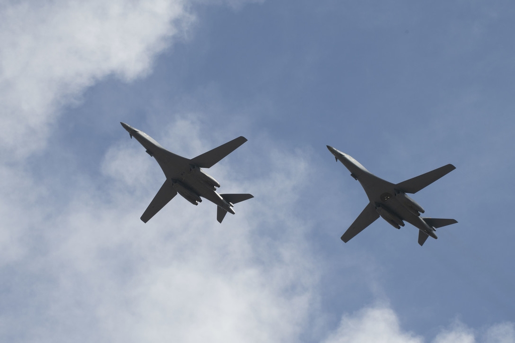 This photo downloaded from the U.S. Pacific Air Forces website shows two B-1B Lancers conducting a flyover before landing at Andersen Air Force Base in Guam on July 17, 2020. The Bomber Task Force is deployed to the base in support of the military's training efforts with allies, partners and joint forces, according to the website. (Yonhap)