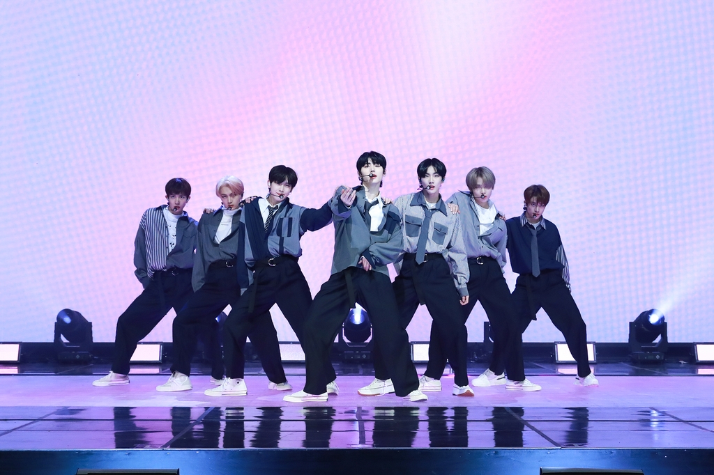 This photo, provided by Belift Lab, shows members of rookie boy band ENHYPEN performing "Let Me In (20 CUBE)" during a media showcase held online on Nov. 30, 2020. (PHOTO NOT FOR SALE) (Yonhap)
