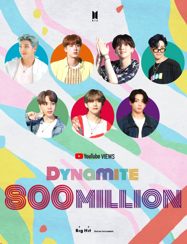 This image, provided by Big Hit Entertainment on Jan. 24, 2021, celebrates 800 million views earned by the BTS song "Dynamite" on YouTube. (PHOTO NOT FOR SALE) (Yonhap)