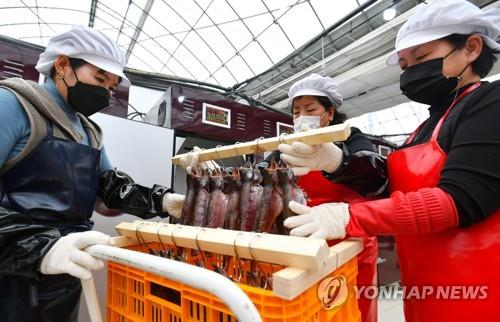 Residents of Hwacheon produce semi-dried sancheoneo, a species of trout, on Jan. 22, 2021, in this photo provided by the Hwacheon county office. (PHOTO NOT FOR SALE) (Yonhap)