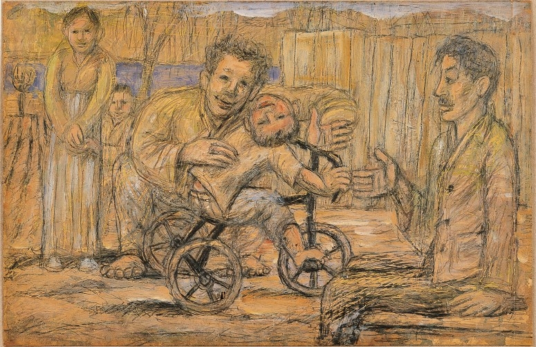 This image, provided by the National Museum of Modern and Contemporary Art, shows painter Lee Jungseop's 1955 pencil and oil drawing of poet Ku Sang and his family. (PHOTO NOT FOR SALE) (Yonhap)