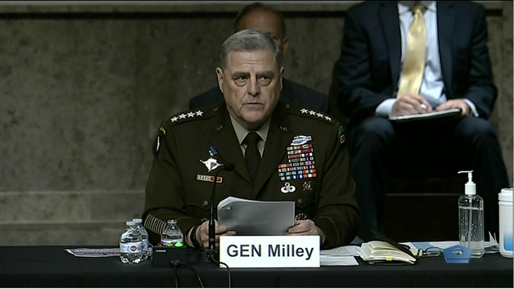 The image captured from the website of the U.S. Department of Defense shows Gen. Mark Milley, chairman of the Joint Chiefs of Staff, speaking in a hearing before the Senate Armed Services Committee in Washington on June 10, 2021. (PHOTO NOT FOR SALE) (Yonhap)