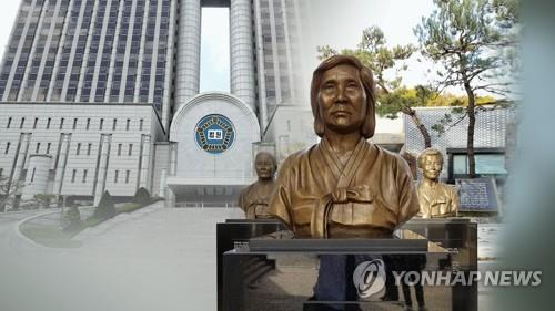 This composite photo shows the busts of Korean women who were forced into sexual slavery for Japanese troops during World War II and a South Korean courthouse. (Yonhap)