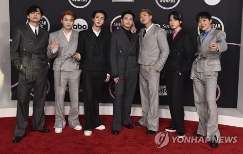This Associated Press photo shows K-pop boy group BTS at the 2021 American Music Awards. (Yonhap)