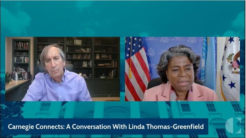 Linda Thomas-Greenfield (R), U.S. ambassador to the United Nations, is seen speaking in a webinar hosted by the Heritage Foundation on Jan. 20, 2021 in this image captured from the Washington-based think tank's web site. (PHOTO NOT FOR SALE) (Yonhap)
