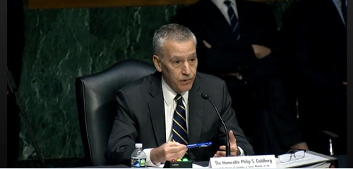 Philip Goldberg, a career ambassador and nominee for new U.S. ambassador to South Korea, is seen testifying in his confirmation hearing before the Senate Committee on Foreign Services in Washington on April 6, 2022 in this image captured from the committee's website. (Yonhap)