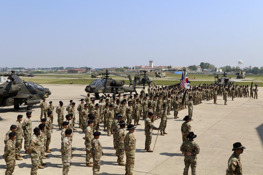 This photo, released by the 2nd Combat Aviation Brigade, shows the U.S. Forces Korea holding a ceremony activating the 5th Squadron, 17th Cavalry Regiment at Camp Humphreys in Pyeongtaek, 70 kilometers south of Seoul, on May 17, 2022. (PHOTO NOT FOR SALE) (Yonhap)