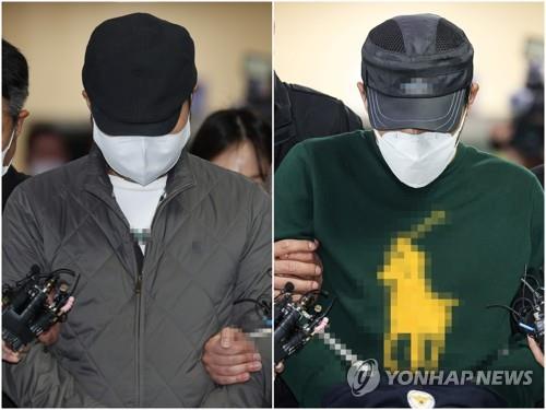 This composite photo shows a Woori Bank employee (L) and his brother, who are suspected of embezzling company funds, exiting Namdaemun Police Station in central Seoul to be sent to the Seoul Central District Prosecutors Office on May 6, 2022. (Yonhap)