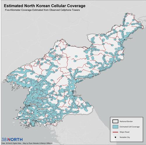 This image, provided by 38 North, a U.S. think tank, on Nov. 15, 2022, shows the estimated cellular coverage in North Korea. (PHOTO NOT FOR SALE) (Yonhap)