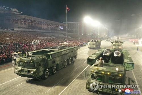 This file photo, released on April 26, 2022, shows a military parade under way in the North Korean capital of Pyongyang. (For use only in the Republic of Korea. No Redistribution) (Yonhap)