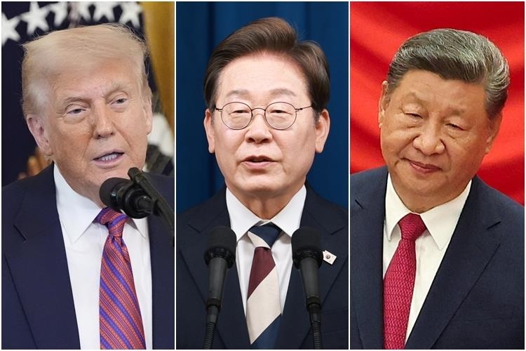 U.S. President Donald Trump (L), South Korean President Lee Jae Myung (C) and Chinese President Xi Jinping are seen in this composite photo from Yonhap News Agency, AP and Reuters. (Yonhap)