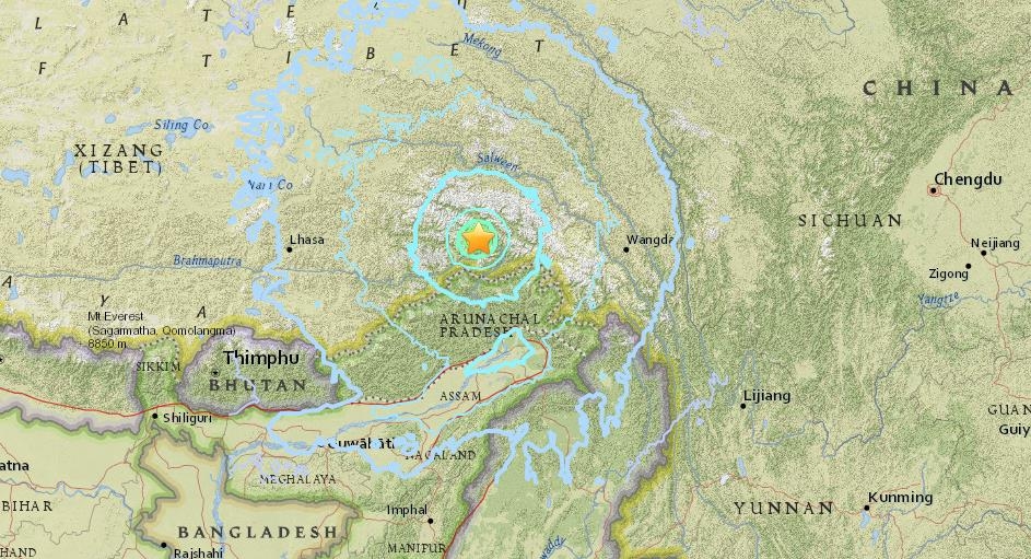 지진이 발생한 중국 티베트 지역[USGS 캡처]