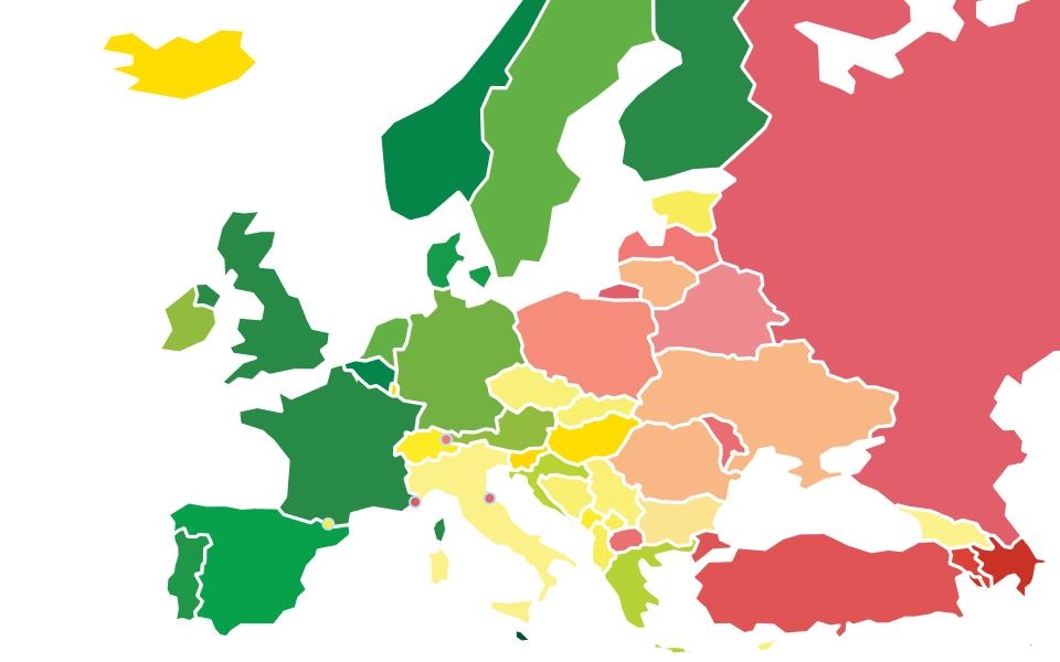 유럽 49개국 성소수자 정책 평가도. 녹색이 상위권, 적색이 하위권. 