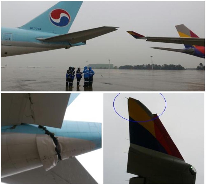 김포공항 주기장에서 이동 중 충돌한 대한항공 여객기와 아시아나항공 여객기