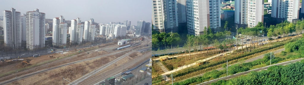 선형의 숲 2단계 조성 전(왼쪽)과 후