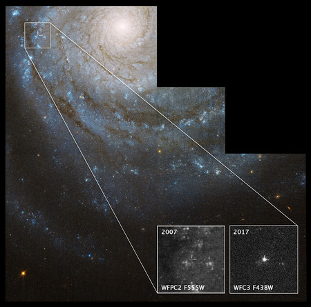 허블망원경이 포착한 NGC3938 은하 슈퍼노바 주변의 2007년과 2017년 이미지