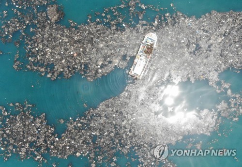 2019년 충남 태안군 소원면 앞바다에 떠오른 해양쓰레기