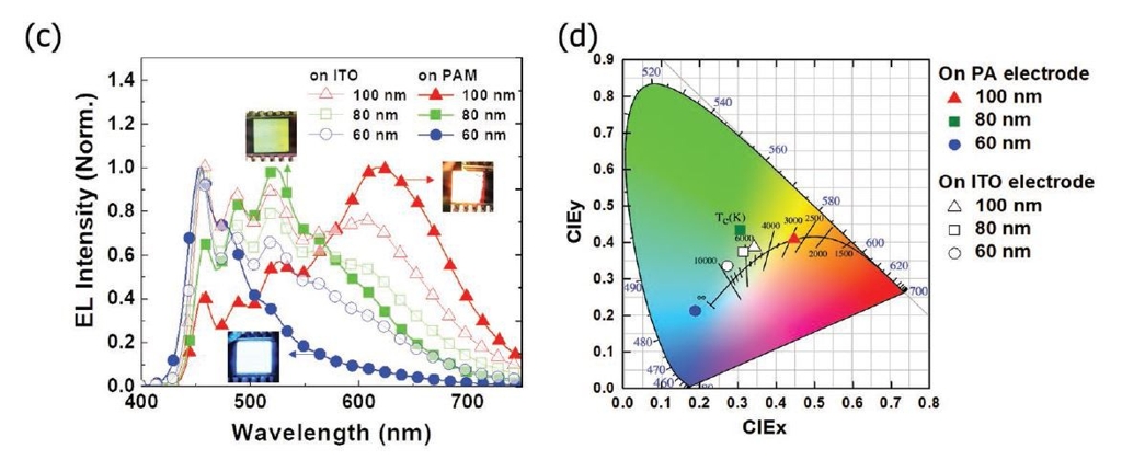 개발된 마이크로캐비티 OLED의 발광스펙트럼과 색좌표