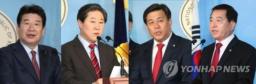 한국당 원내대표 경선 후보들 (서울=연합뉴스) 하사헌 진성철 기자 = 오는 9일 치러지는 한국당 원내대표 경선에서는 패스트트랙 정국에 대한 해법 제시, 당 혁신 및 통합 전략, 황교안 대표의 의중 등이 변수로 작용할 전망이다. 사진은 원내대표 경선 출마를 선언하는 강석호(왼쪽부터 기호순으로)·유기준·김선동·심재철 후보. 2019.12.8 toadboy@yna.co.kr zjin@yna.co.kr(끝)