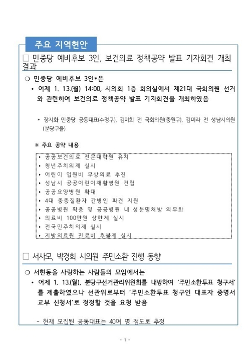 성남시 '지역 여론·동향' 문건