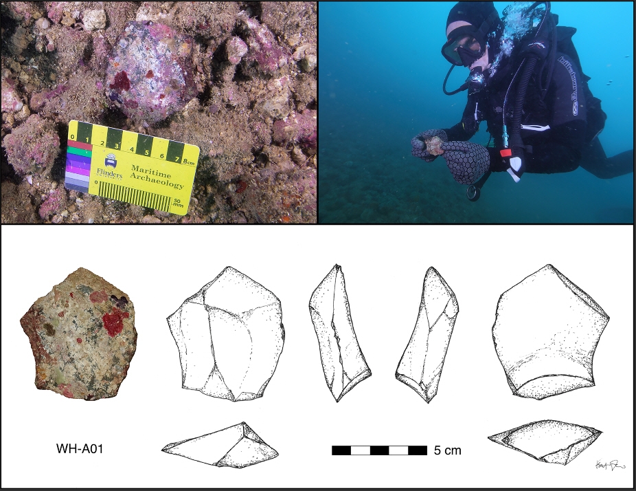 호주 해저 유적지에서 발견된 유적과 유적지 탐사하는 잠수부의 모습
