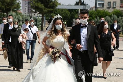 마스크를 착용한 채 결혼식장에 들어서는 터키의 신랑·신부 [로이터=연합뉴스 자료사진] 