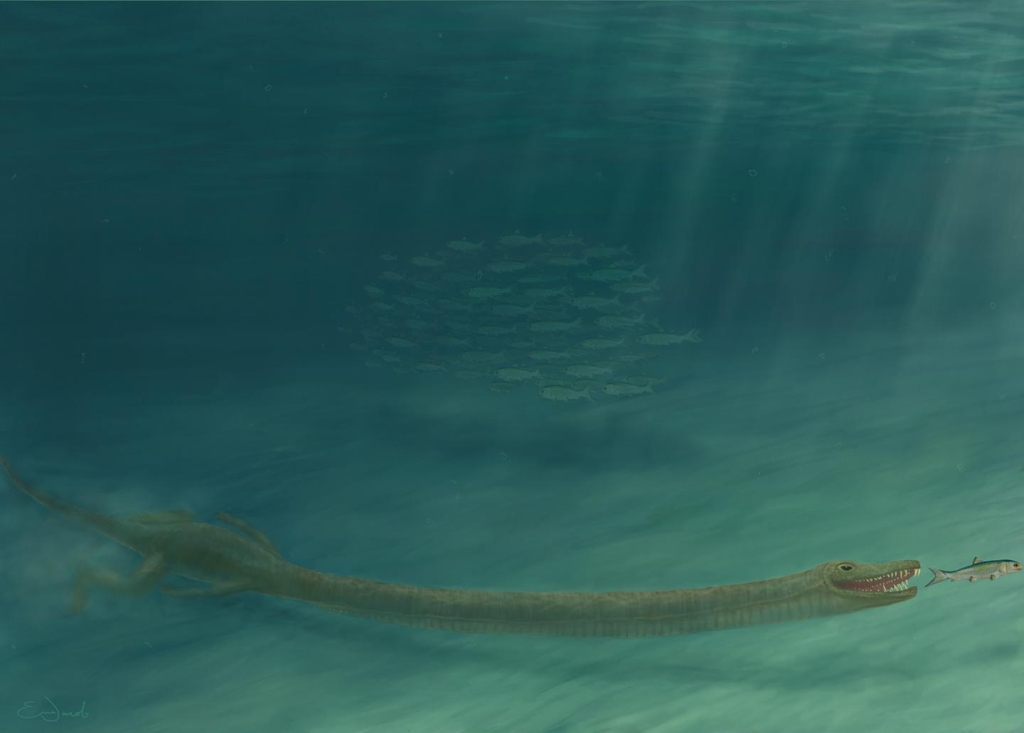 고대 바닷속 '기린 목' 파충류 '타니스트로페우스' 수중 사냥 상상도 
