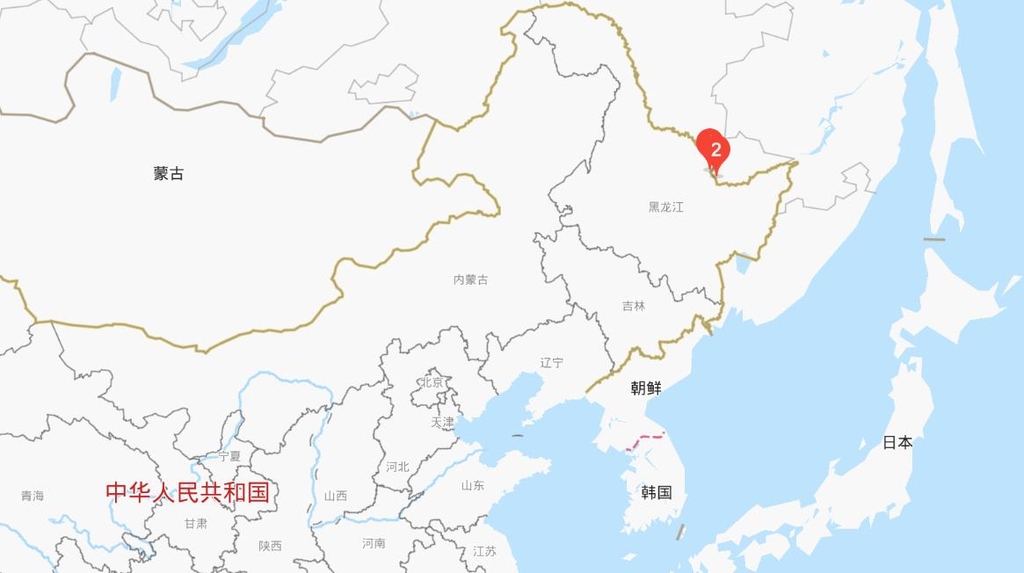 중국 헤이룽장성 샤오싱안링(小興安嶺)의 타이핑거우(太平溝) 자연보호구역(빨간색 ②표시 부분)[바이두 지도 캡처. 재판매 및 DB 금지]