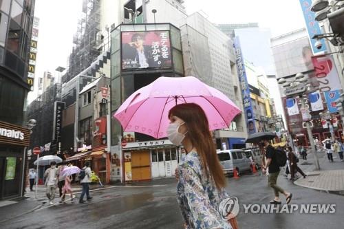(도쿄 AP=연합뉴스) 일본 정부가 신종 코로나바이러스 감염증(코로나19) 대응을 위한 긴급사태 연장 및 적용 지역 확대를 발표한 17일 한 여성이 우산을 받쳐 들고 도쿄 거리를 걷고 있다.