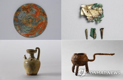 남원 유곡리·두락리 고분 출토 청동거울과 금동신발편, 월산리 고분 출토 쇠자루솥과 계수호(왼쪽 위부터 시계방향)