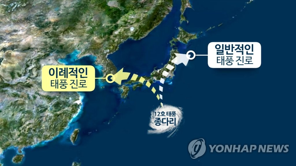 태풍 종다리 이례적인 진로(CG)