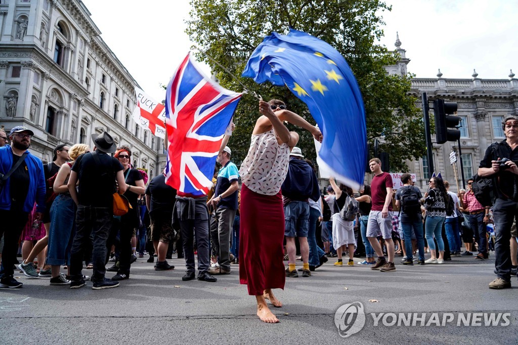 런던 다우닝가에서 유럽연합 깃발과 영국 국기를 함께 흔드는 브렉시트 반대 시위자