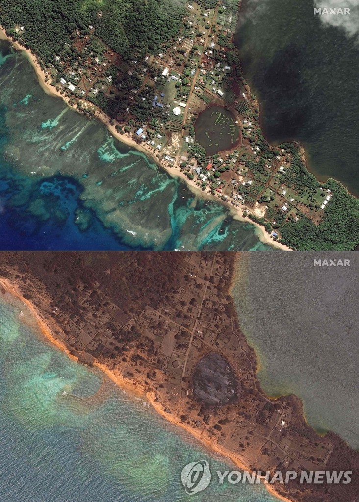 화산폭발 전후 통가 '노무카'섬의 위성사진
