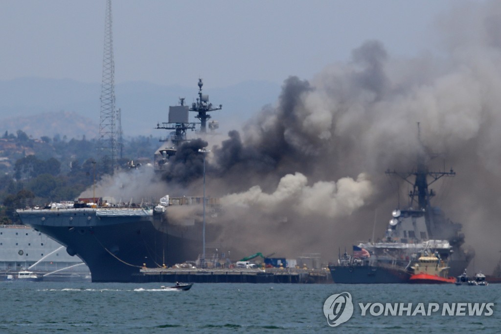 US-NAVY-SHIP-USS-BONHOMME-RICHARD-BURNS-AT-NAVAL-BASE-IN-SAN-DIE