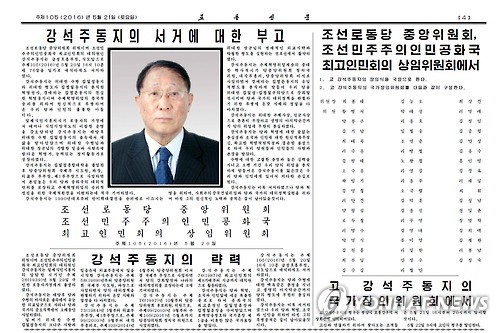 北 강석주,식도암으로 사망
(서울=연합뉴스) 북한 강석주 전 노동당 국제담당 비서가 20일 식도암으로 사망했다고 노동신문 21일 보도했다. 신문은 4면에 최룡해 노동당 정치국 상무위원을 위원장으로 한 국가장의위원회 구성 및 위원 명단 등을 강 전 비서의 사진과 함께 실었다. 2016.5.21 << 국내에서만 사용가능. 재배포 금지. For Use Only in the Republic of Korea. No Redistribution >>
nkphoto@yna.co.kr