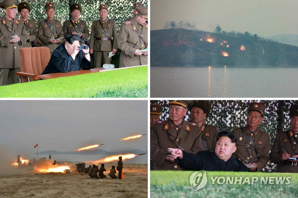 北 김정은, '공중침투 대비' 여성방사포병사격대회 시찰 (서울=연합뉴스) 김정은 북한 노동당 위원장이 북한군 여성방사포병사격대회를 현지지도했다고 노동신문이 19일 보도했다. 김정은의 이번 시찰에는 황병서 인민군 총정치국장, 리명수 총참모장, 리영길 제1부총참모장 겸 작전총국장, 박정천 포병국장 등이 수행했다. << 국내에서만 사용가능. 재배포 금지. For Use Only in the Republic of Korea. No Redistribution >> nkphoto@yna.co.kr