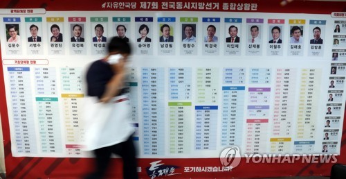 당선 축하 꽃 걸리지 않은 자유한국당 선거 상황판