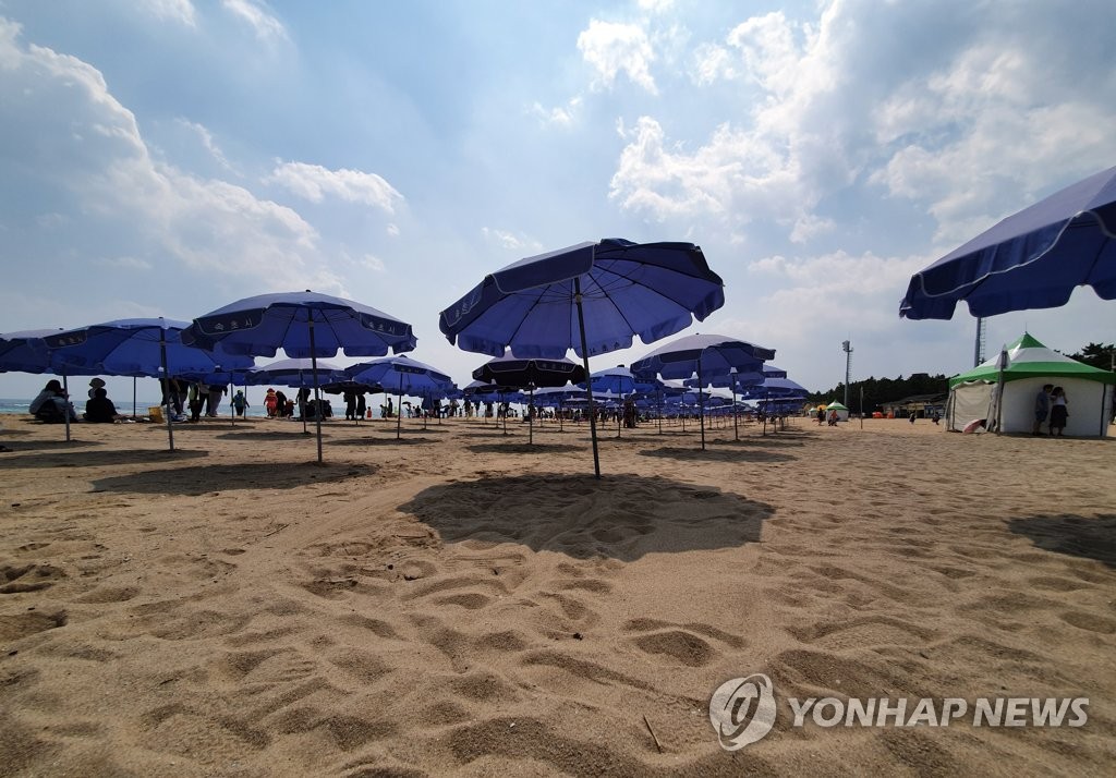 텅 빈 해수욕장 파라솔