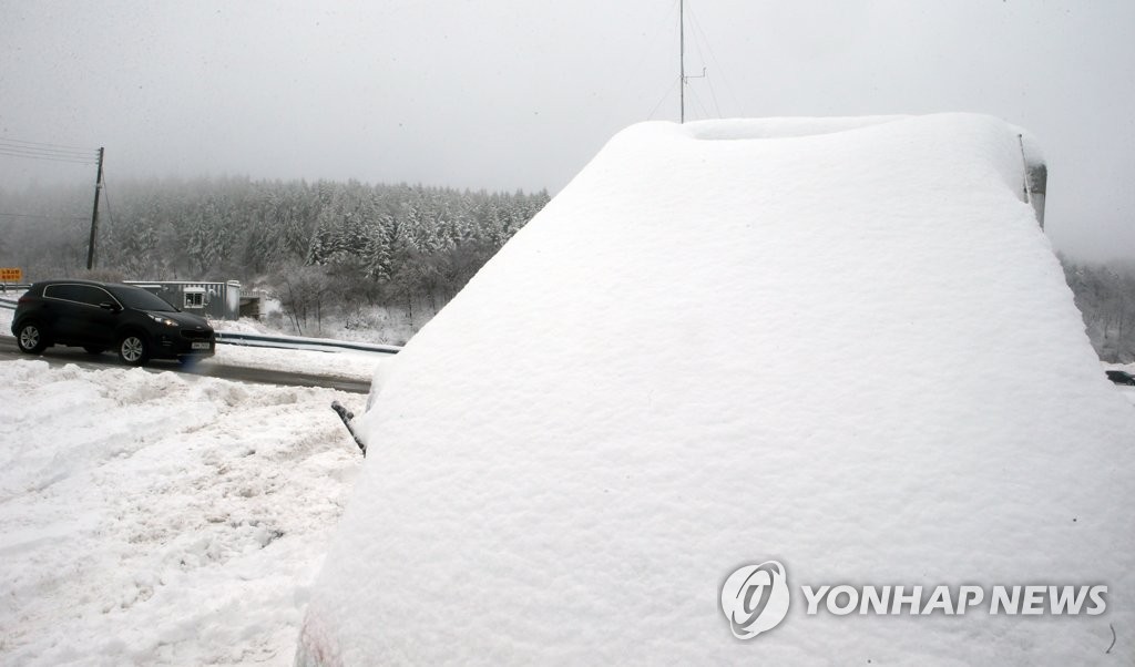 눈 이불 덮어쓴 대관령 차량