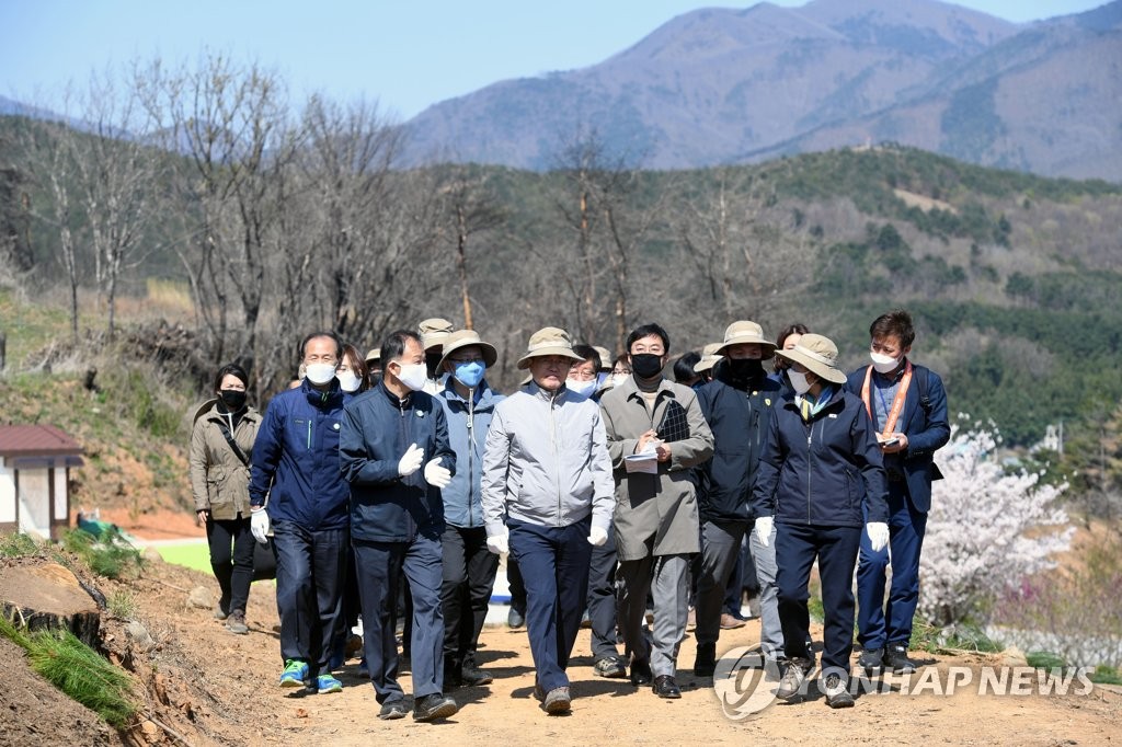소나무 심기 위해 이동하는 문 대통령 내외