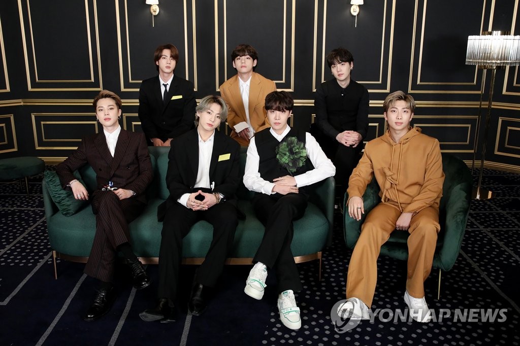 This photo, provided by Big Hit Music, shows K-pop megastar BTS hitting the red carpet online as it takes part in the 63rd Grammy Awards amid the coronavirus pandemic on March 15, 2021. (PHOTO NOT FOR SALE) (Yonhap)