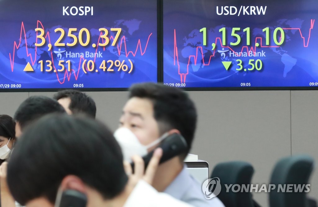 This photo, taken July 29, 2021, shows electronic signboards at a Hana Bank dealing room in Seoul that show the trading of Korean stocks and the local currency. (Yonhap)