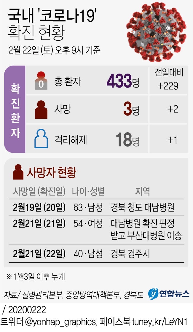[그래픽] 국내 '코로나19' 확진 현황(오후 9시 현재)
