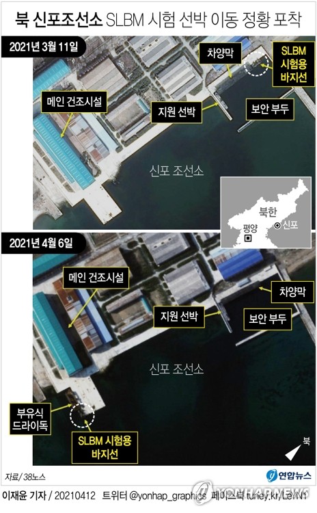 [그래픽] 북한 신포조선소 SLBM 시험 선박 이동 정황 포착