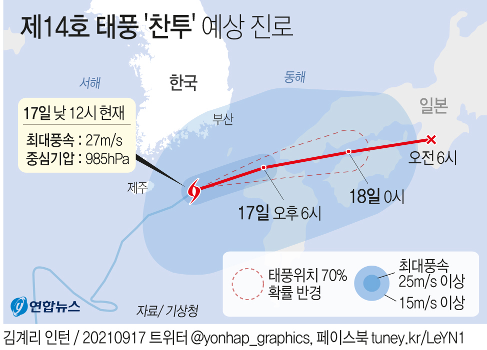 [그래픽] 제14호 태풍 '찬투' 예상 진로(낮 12시)