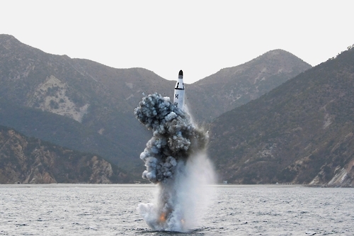 This undated file photo shows a submarine-launched ballistic missile fired from a submarine in North Korea. (For Use Only in the Republic of Korea. No Redistribution) (Yonhap)